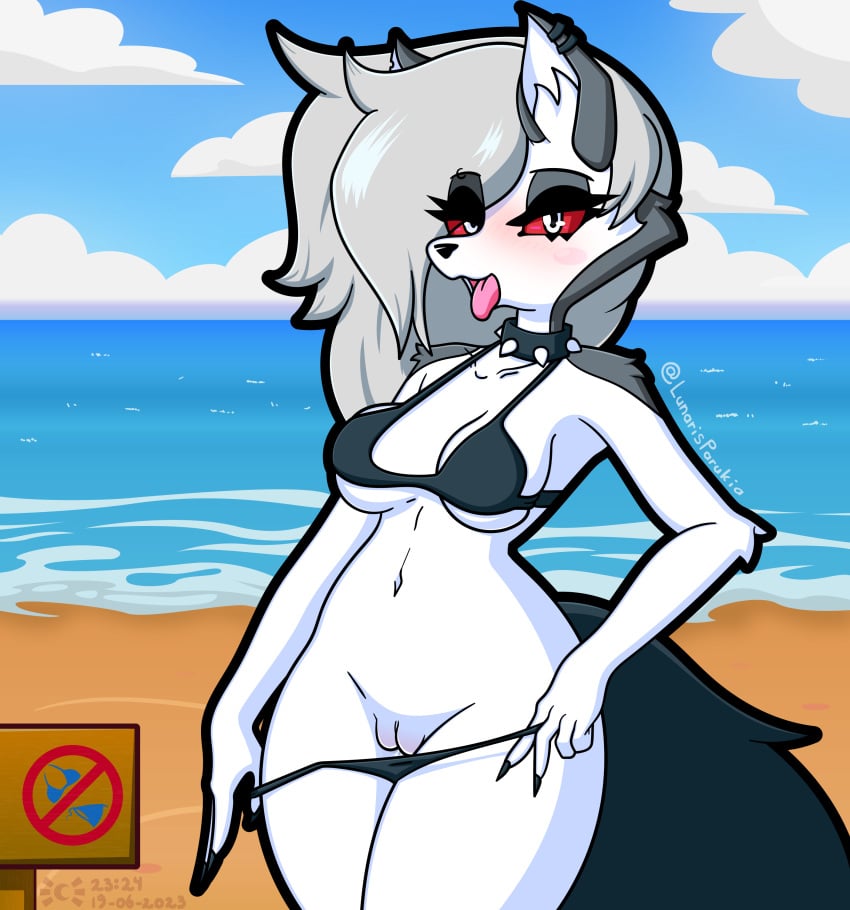 2023 5_fingers absurd_res anthro arm_tuft artist_name beach bedroom_eyes bikini bikini_bottom_down bikini_bottom_pull bikini_pull black_bikini black_bikini_bottom black_bikini_top black_claws black_clothing black_eyelashes black_eyeshadow black_nose black_pupils black_spiked_collar black_swimwear black_tail blush blush_lines blush_stickers bodily_fluids breasts canid canid_demon claws clothing clothing_pull cloud collar dated day demon digital_media_(artwork) ear_piercing ear_ring elbow_tuft eye_through_hair eyebrow_piercing eyelashes eyelashes_through_hair eyeshadow facial_piercing female fingers flashing fluffy fluffy_tail front_view fur genital_fluids genitals grey_body grey_ears grey_fur hair hair_over_eye half-closed_eyes hellhound helluva_boss hi_res inner_ear_fluff long_hair looking_at_viewer loona_(helluva_boss) lunaris_parukia makeup mammal multicolored_body multicolored_fur narrowed_eyes navel one_eye_obstructed open_mouth piercing pink_tongue presenting presenting_pussy pupils pussy pussy_juice red_sclera ring_piercing sand sea seaside seductive shoulder_tuft sign signature silver_hair sky solo spiked_collar spikes standing swimwear swimwear_pull tail tongue tongue_out translucent translucent_hair tuft water white_body white_eyes white_fur white_inner_ear white_inner_ear_fluff