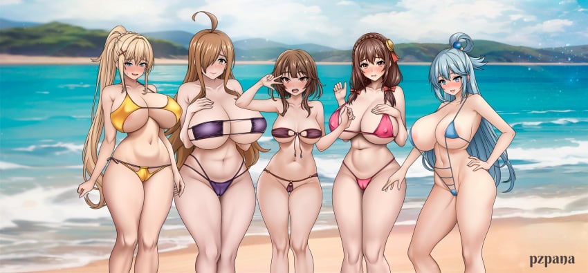 5girls aqua_(konosuba) areola_slip areolae big_breasts bikini bikini_bottom bikini_top black_bikini blonde_hair blue_eyes blue_hair blue_sling_bikini blush bottomwear breasts brown_eyes brown_hair cleavage darkness_(konosuba) eyepatch_bikini female female_only full_body hair hand_on_hip hips huge_breasts kono_subarashii_sekai_ni_shukufuku_wo! legs long_hair megumin peace_sign ponytail pzpana short_hair skimpy skimpy_bikini sling_bikini swimwear thighs topwear wiz_(konosuba) yellow_bikini yunyun_(konosuba)