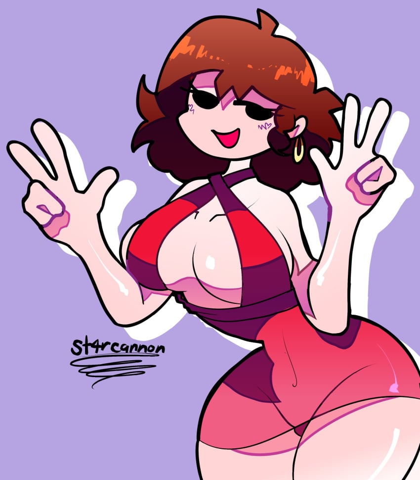 1girls artist_name auburn_hair big_breasts boob_window breasts cleavage clothed clothed_female female female_only friday_night_funkin girlfriend_(friday_night_funkin) looking_at_viewer newgrounds open_mouth open_smile short_hair smile solo solo_female st4rcannon translucent w