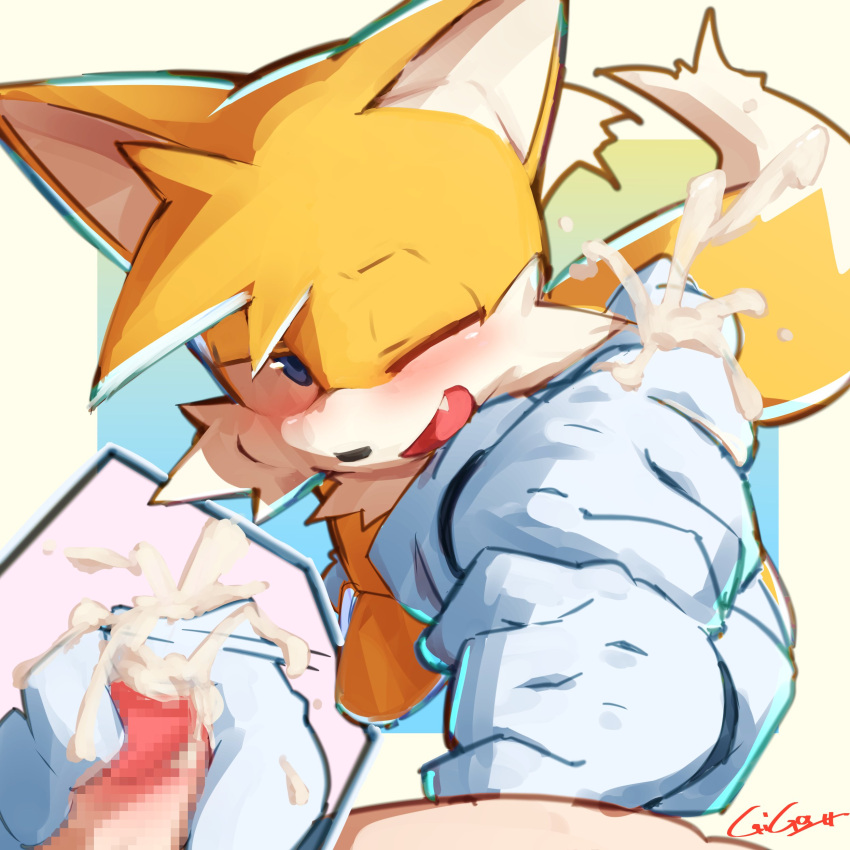 absurd_res anthro blue_eyes blush bodily_fluids canid canine clothing cum duo ejaculation fox genital_fluids gloves handjob handwear happy hi_res jimnydaisuki male male/male mammal penile sega sex sonic_(series) sonic_the_hedgehog_(series) tails