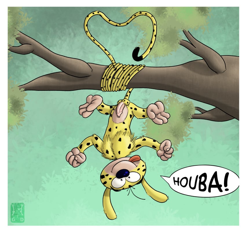 2023 absurd_res balls branch colored digital_media_(artwork) extended_arms fist foreskin garo_(artist) genitals half-erect hanging_from_branch heart heart_tail hi_res humanoid_genitalia leaf long_ears long_tail looking_at_viewer male marsupilami marsupilami_(character) marsupilami_(series) paws penis plant shaded solo speech_bubble spread_legs spreading tail tongue tongue_out toony tree upside-down yellow_body