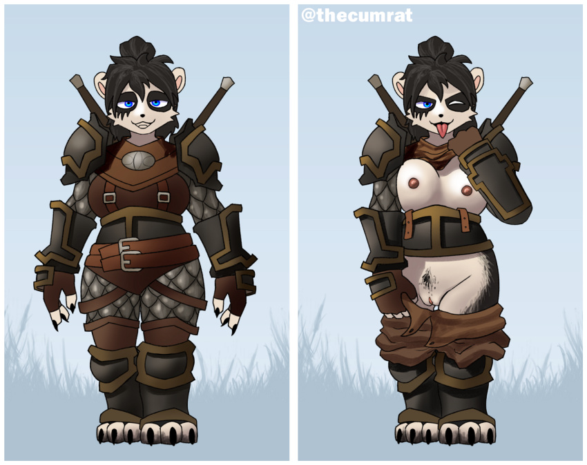 anthro areola armor bear black_body black_fur black_hair blizzard_entertainment blue_eyes bottomwear bottomwear_down breasts claws clothed clothing clothing_lift fantasy female fur genitals giant_panda hair mammal melee_weapon multicolored_body multicolored_fur nipples one_eye_closed pandaren pants pants_down partially_clothed pubes pussy scar solo teasing thecumrat tongue tongue_out topwear two_tone_body two_tone_fur undressing warcraft warrior weapon white_body white_fur wink world_of_warcraft