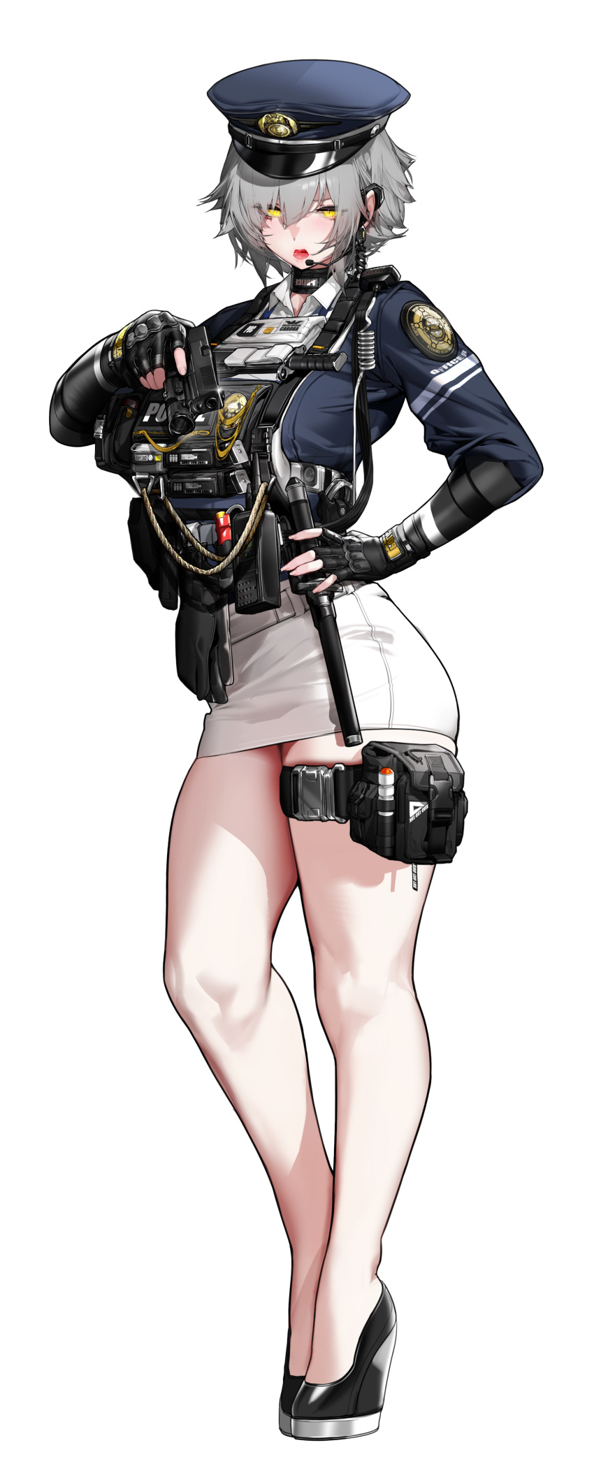 1girls 2023 2d 2d_(artwork) ammunition belt big_thighs busty choker collar earpiece female female_focus female_only fingerless_gloves fully_clothed gloves gun headset hi_res high_heels highres holding_gun hourglass_figure knife large_thighs light-skinned_female light_skin messy_hair miniskirt nightstick original original_character pistol police police_hat police_officer police_uniform policewoman radio revealing_clothes rope short_hair short_skirt simple_background skindentation skirt solo solo_female solo_focus syringe thick_thighs thigh_strap thighs uniform vest voluptuous wedge_heels white_background white_belt white_hair white_skirt xlxiaoluodiaofa yellow_eyes