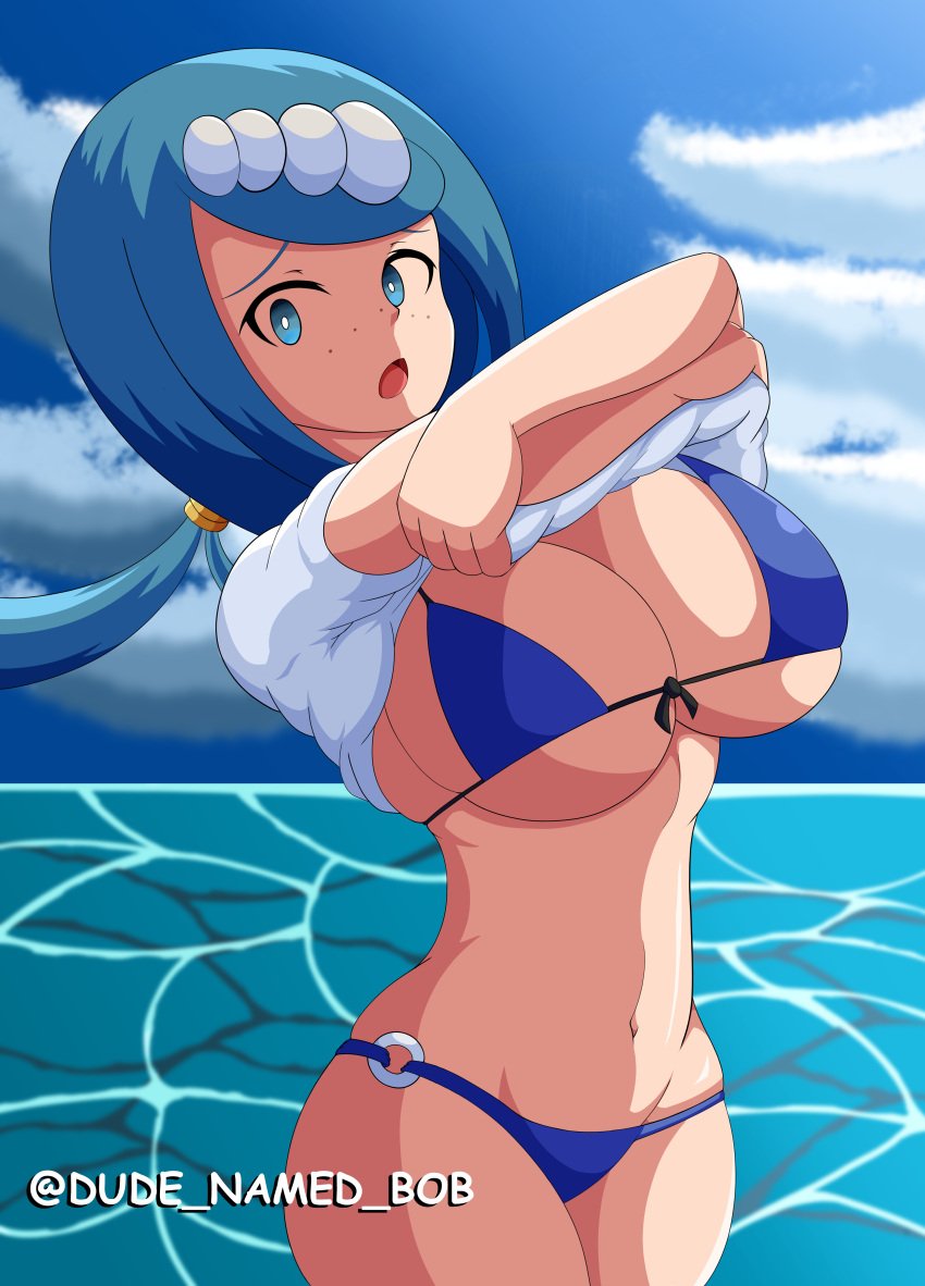 1girls big_breasts bikini bikini_bottom bikini_top blue_bikini blue_eyes blue_hair bottomwear breasts cleavage dude_named_bob female freckles freckles_on_face hair huge_breasts lana's_mother_(pokemon) mature mature_female mature_woman milf mother pokemon pokemon_sm ponytail shirt shirt_lift shirt_up solo solo_female swimwear thighs topwear water white_shirt