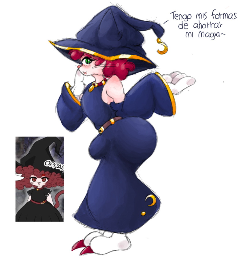 1boy afro anthro big_ass big_butt big_penis big_thighs cat_ears curly_hair gigantic_ass gigantic_butt green_eyes huge_ass huge_butt huge_cock huge_thighs male male_only red_eyes spanish_text summeryfortuna thick_thighs thighs witch_costume witch_hat wizard