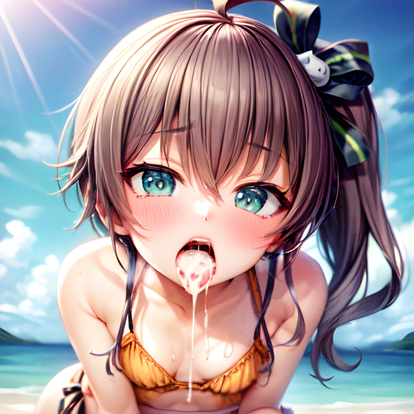 1girls ai_generated bikini brown_hair cleavage cum cum_in_mouth cum_on_breasts hi_res hololive kneeling looking_at_viewer natsuiro_matsuri open_mouth side_ponytail small_breasts stable_diffusion virtual_youtuber