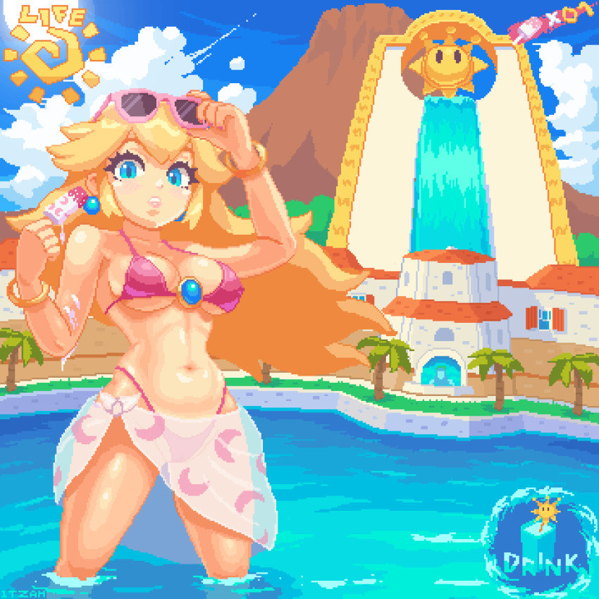 1girls alternate_version_available animated armwear big_breasts bikini bikini_bottom bikini_top blinking blonde_hair blue_eyes blush bottomwear bracelet breasts cleavage ear_piercing earrings female female_only hair headwear hips itzah lips long_hair mario_(series) nintendo pink_bikini pixel_animation pixel_art popsicle popsicle_melting princess_peach sarong solo solo_female sunglasses sunglasses_on_head super_mario_odyssey super_mario_sunshine thighs topwear water