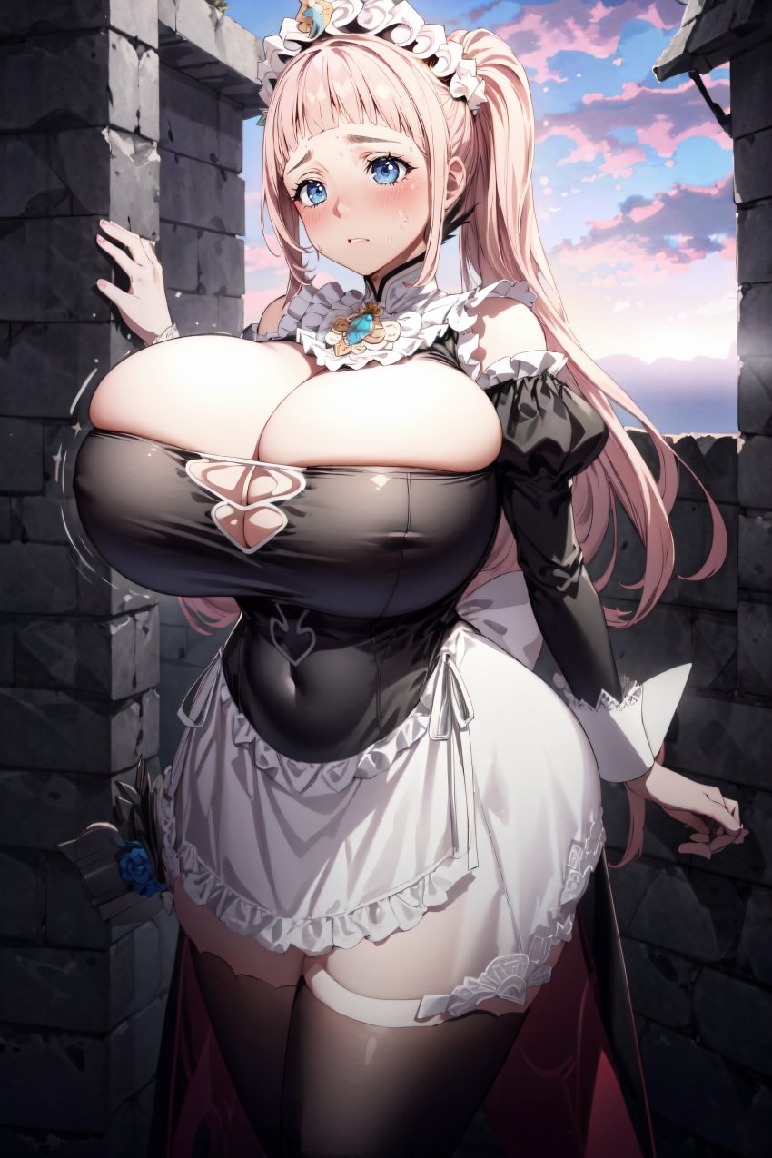 1girls ai_generated alternate_breast_size big_ass big_breasts black_headdress blue_eyes blushing breast_expansion bursting_breasts cloud curvy dumptruck_ass embarrassed felicia_(fire_emblem) fire_emblem fire_emblem_fates full-face_blush gigantic_breasts hourglass_figure huge_ass huge_breasts intelligent_systems large_breasts looking_down maid maid_headdress maid_uniform mature_female motion_lines narrow_waist nintendo pink_hair shiny_hair skindentation skinny stable_diffusion standing sunset sweat taut_clothes thick_thighs thin tight_clothing undersized_clothes upper_body voluptuous wide_hips