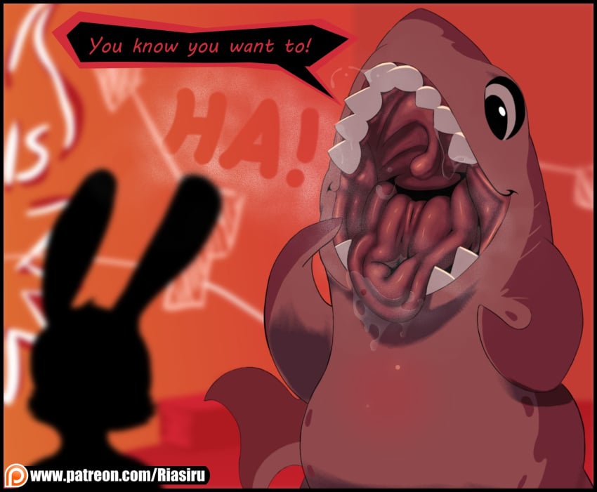 ambiguous_gender bodily_fluids digital_media_(artwork) drooling english_text female feral fish happy hi_res humanoid imminent_vore lagomorph leporid mammal marine mouth_shot netflix nimona nimona_(nimona) open_mouth rabbit riasiru saliva saliva_string shark sharp_teeth simple_background teeth text tongue tongue_out uvula