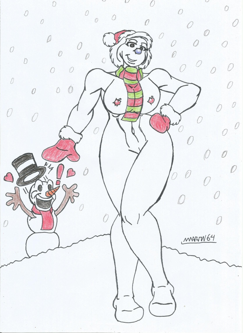 anthro big_breasts big_hips blueberry carrot cherry heart inanimate_animate joke_art marlon64 naked naked_female naked_gloves simple_background snow snowing snowman snowwoman traditional_media_(artwork) white_body winter