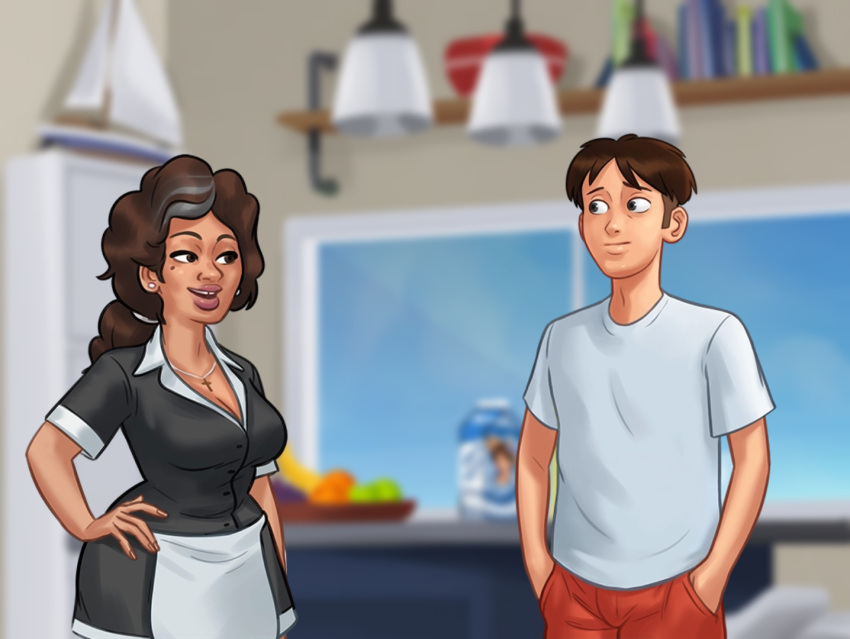 1boy 1girls 2d beach_house blurry blurry_background brown_hair clothed clothing consuela_(summertime_saga) curvy curvy_body curvy_female curvy_figure darkcookie digital_drawing_(artwork) digital_media_(artwork) duo female hairband hand_on_hip house kitchen latina light-skinned_female light-skinned_male light_skin long_hair looking_at_another looking_at_partner maid maid_outfit maid_uniform main_character_(summertime_saga) male male/female milf older_female ponytail room shirt shorts smile smiling standing summertime_saga teenager thick_thighs