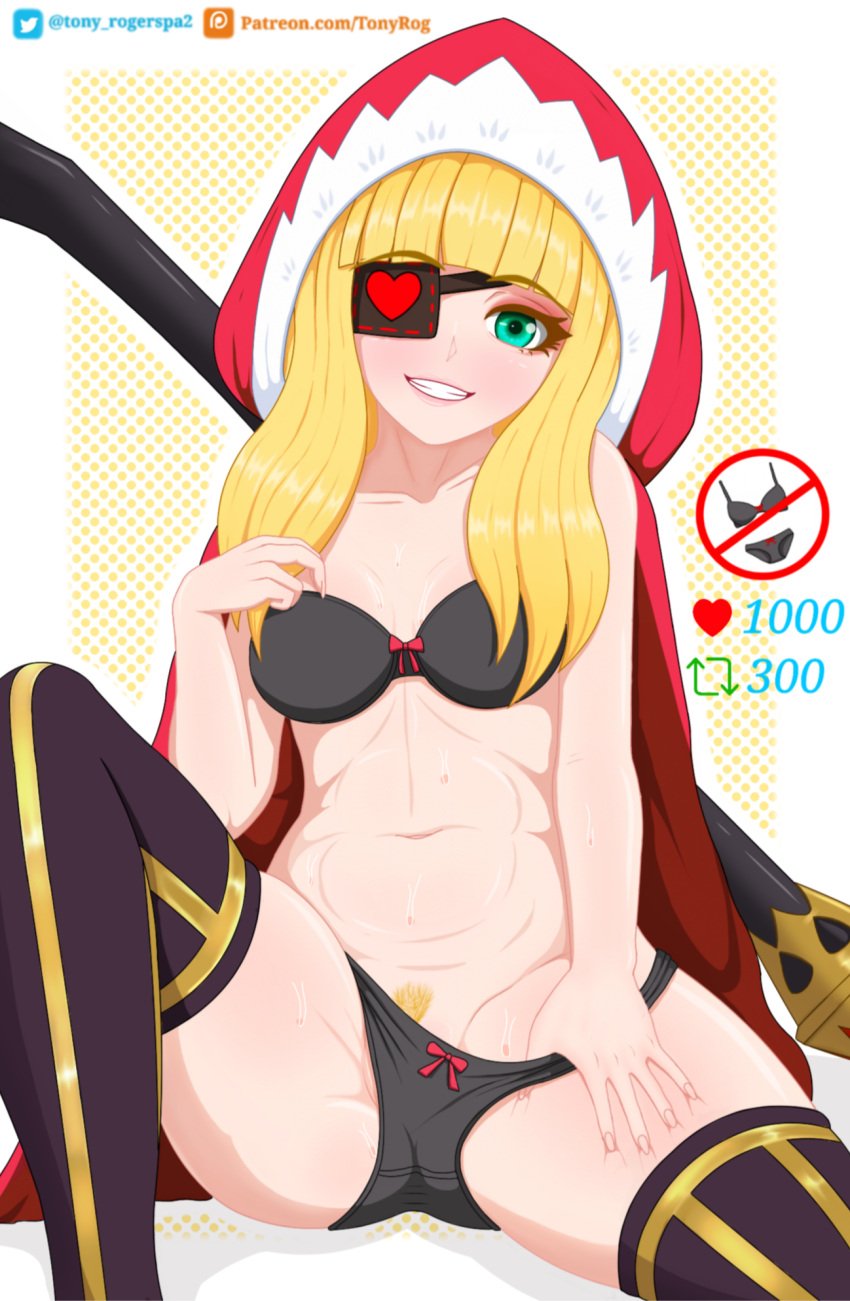 artist_name blonde_hair eye_patch eyepatch green_eyes hood mobile_legends mobile_legends:_bang_bang patreon_username pubic_hair red_riding_hood ruby_(mobile_legends) smiling smiling_at_viewer solo stockings tony_rogers twitter_username undressing