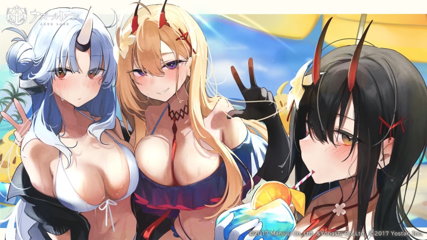 3girls absurdres asymmetrical_docking azur_lane beach_umbrella between_breasts bikini black_hair black_jacket blonde_hair blue_hair blush breast_press breasts cocktail cross_hair_ornament day drinking drinking_straw elbow_gloves flower frilled_bikini frills gloves hair_between_eyes hair_flower hair_ornament highres horns jacket kumano_(azur_lane) kumano_(fancy_waves)_(azur_lane) large_breasts light-skinned_female light_skin long_hair looking_at_viewer manjuu_(azur_lane) medium_breasts mikuma_(azur_lane) multicolored_bikini multicolored_clothes multiple_girls nekomugiharu off-shoulder_bikini off_shoulder official_alternate_costume official_art oni_horns open_clothes open_jacket outdoors purple_bikini purple_eyes red_bikini red_eyes sakura_empire_(azur_lane) single_elbow_glove single_horn strap_between_breasts suzuya_(azur_lane) swimsuit umbrella upper_body very_long_hair white_bikini white_flower