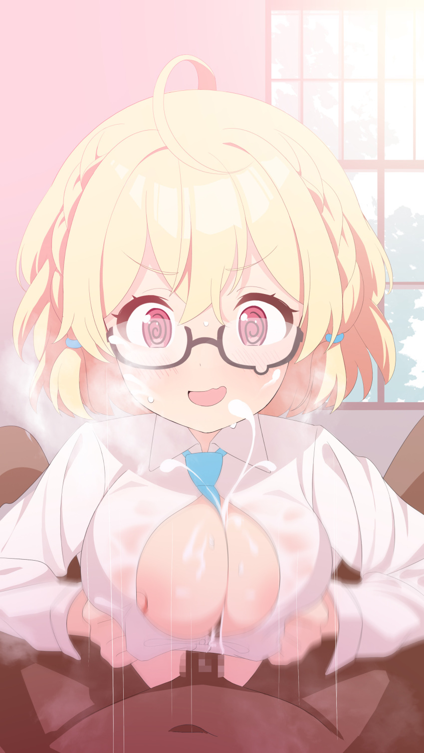 1boy 1girls @_@ areolae blonde_hair blue_archive blue_necktie blush breasts censored cum dark-skinned_male dark_skin ejaculation embarrassed engineering_department_(blue_archive) eyebrows_visible_through_hair glasses huge_breasts indoors kotori_(blue_archive) light-skinned_female light_skin male_pov millennium_science_school_student mosaic_censoring necktie nipple pov red_eyes shirt ura_(artist) wet wet_clothes wet_shirt