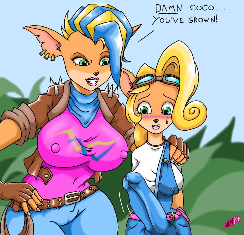 1futa 1girls anthro anthro_only belt belts big_breasts bigger_female blue_and_yellow blue_hair blue_jeans blushing blushing_at_partner blushing_profusely brown_belt clothed_female clothed_female_clothed_futanari clothed_futanari coco_bandicoot confident_smile crash_(series) crash_bandicoot_4:_it's_about_time erection fat_breasts female female_only fur furry futanari gloves goggles goggles_on_forehead goggles_on_head grass grassy_background grassy_field green_eyes hand_on_hip hand_on_shoulder henpie huge_breasts huge_cock huge_tits_teen imminent_rape imminent_sex jacket leaking_precum nervous nervous_expression nervous_face nervous_sweat nipples_visible_through_clothing overalls pierced_ear pink_background pink_belt pink_lips pink_shirt pointy_ears poofy_hair scarf shoulder_spikes smaller_futanari spiky_hair stained_clothes tawna_bandicoot tawna_bandicoot_(crash_4) whip white_shirt wide_hips yellow_hair