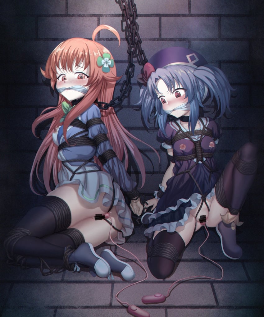 2girls absurd_res absurdres amamiya_mimori arms_behind_back artist_name artist_request ass bdsm between_breasts between_legs black_thigh_highs black_thighhighs blue_dress blue_hair blush bondage bound bound_ankles bound_arms bound_breasts bound_legs bound_torso bound_wrists bow bowtie breast_bondage breasts breasts_out censored censored_pussy censored_vagina chain_leash chained chained_up chains character_name character_request cleave_gag cloth_gag clothes clothes_lift collar crotch crotch_rope dress dress_lift drooling dungeon exposed_nipples female female_focus female_only flower flower_in_hair flower_on_head frilled_dress frilled_skirt frilled_wrist_cuffs frills gag gagged hair_between_eyes hair_ornament hat highres improvised_gag indoors kidnapped leaning leaning_back leg_up legs legs_apart legs_together long_hair long_sleeves medium_breasts medium_hair multiple_girls nipple_cutout nipples nipples_outside orange_hair perky_breasts perky_nipples predicament_bondage puffy_short_sleeves puffy_sleeves purple_dress pussy pussy_juice pussy_juice_drip red_eyes rope rope_bondage saliva saliva_drip saliva_string saliva_trail school_hat school_uniform schoolgirl sex_toy shadowverse shadowverse_(anime) shibari shibari_over_clothes shoes short_sleeves sidelocks skindentation skirt skirt_up small_breasts stone stone_floor stone_wall struggling sweat sweatdrop tearing_up tears thigh_highs thighhighs thighs torn_clothes torn_clothing twintails untying vibrator vibrator_cord vibrator_in_pussy wall white_skirt wrist_cuff wrist_cuffs