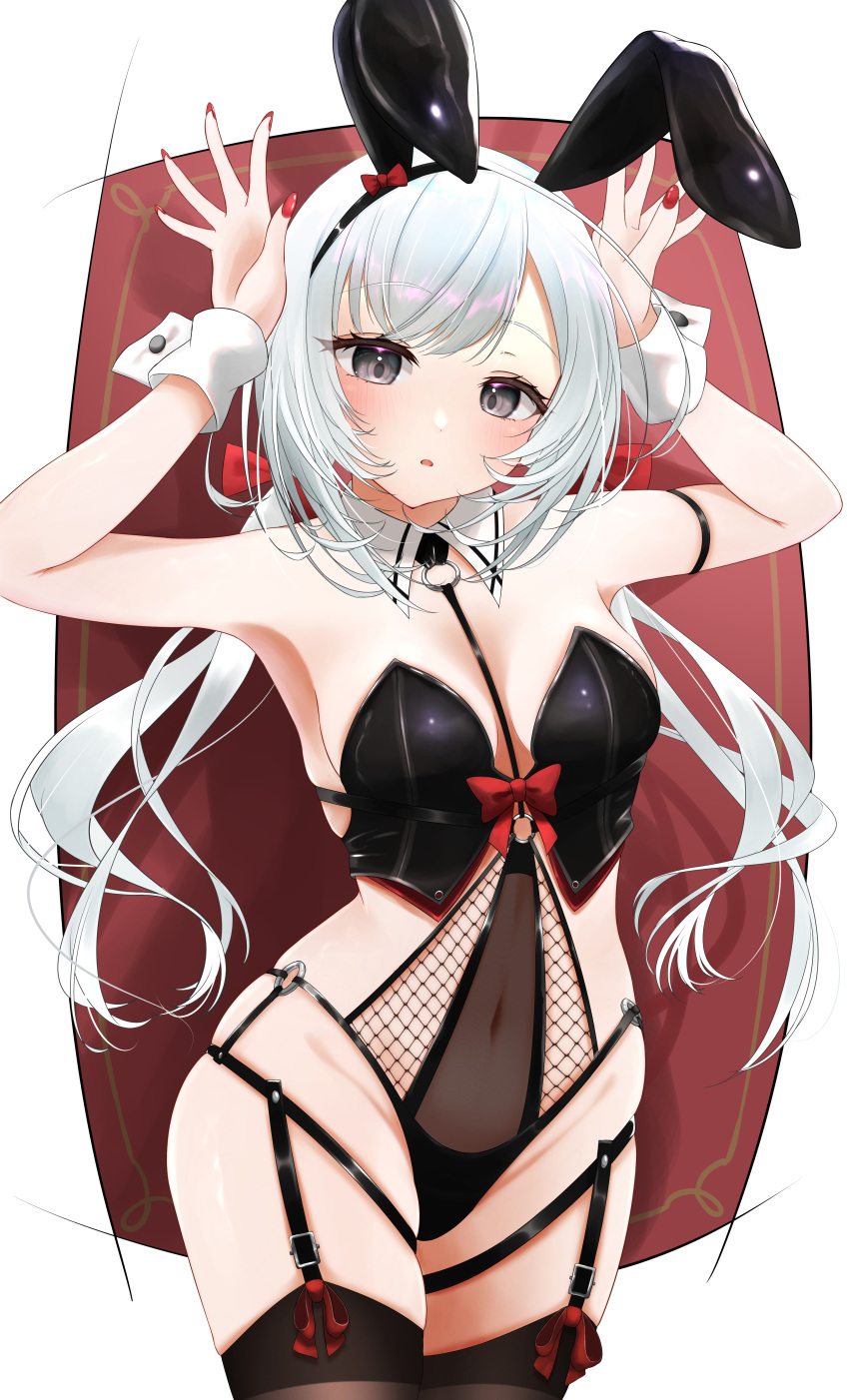 1girls absurd_res azur_lane black_legwear bunny_ears bunny_pose bunnysuit female female_only flandre_(azur_lane) garter_straps grey_eyes light-skinned_female light_skin low_twintails navel ribbon see-through_clothing skindentation solo tsuri_pi vichya_dominion_(azur_lane) white_hair