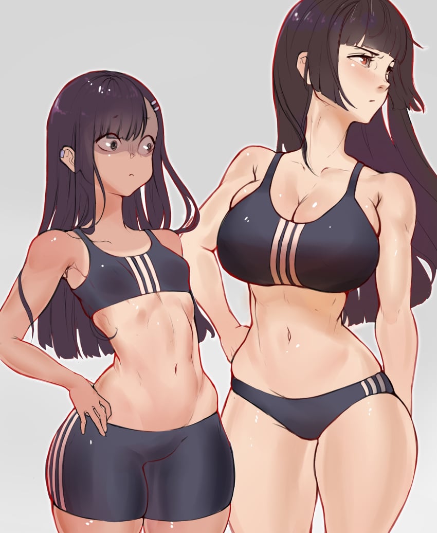 2girls athletic athletic_female bare_midriff big_breasts bike_shorts black_hair breast_envy breast_size_difference breasts brown_eyes bursting_breasts buruma busty child_bearing_hips cleavage curvy female female_focus female_only flat_chest hand_on_hip hayase_nagatoro height_difference highres hourglass_figure jealous large_breasts legs light-skinned_female light_skin long_hair looking_at_another looking_away medium_support_(meme) meme multiple_girls navel please_don't_bully_me,_nagatoro president_(nagatoro) purple_hair red_eyes sana_sunomiya shaded_face shorter_female slim_waist small_breasts sports_bra sports_shorts sportswear staring_at_breasts taller_female tan tan-skinned_female tan_body tan_skin tanline tanned_female thighs toned tsuchu0 voluptuous wide_hips