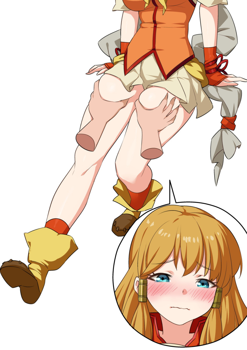 1girls bare_legs bare_thighs blue_eyes blush boots breasts deep_skin disembodied_limb embarrassed female female_only fire_emblem fire_emblem:_radiant_dawn from_behind groping highres igni_tion legs long_hair looking_down medium_breasts mist_(fire_emblem) multiple_views nintendo orange_hair orange_socks socks solo_focus thigh_grab thighs wavy_mouth white_background