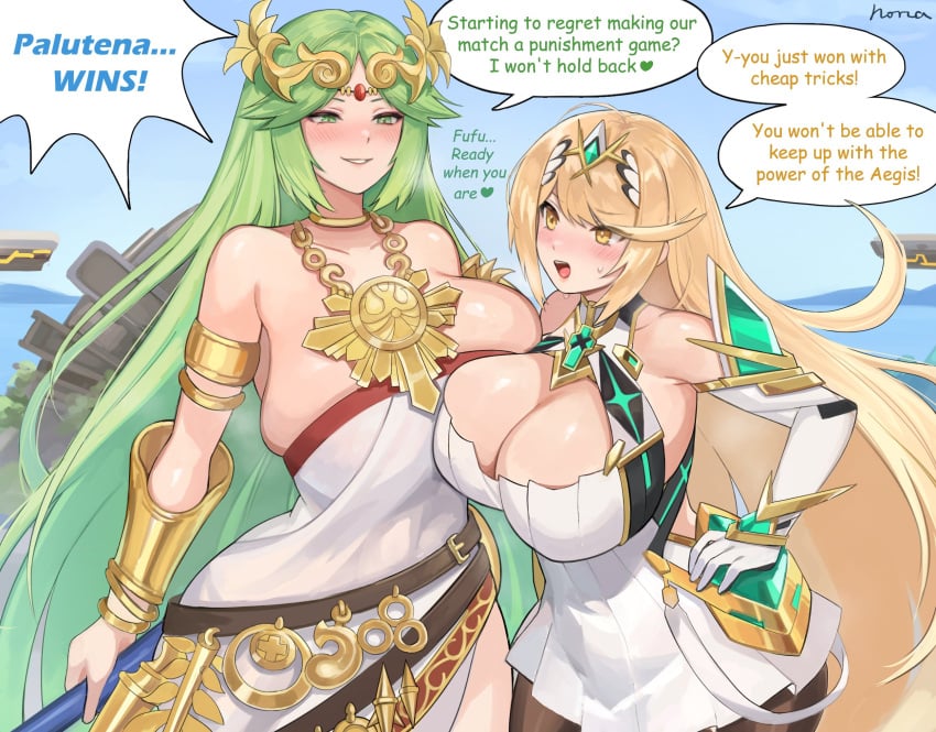 2girls blonde_hair boob_window breast_press breasts cleavage cleavage_cutout cleavage_overflow cleavage_window crossover dialogue english_text female female_only green_hair hi_res hips horny huge_breasts kid_icarus kid_icarus_uprising light-skinned_female light_green_hair light_skin multiple_girls mythra nintendo norza outdoors palutena slit super_smash_bros. super_smash_bros._ultimate thick_thighs thighs wide_hips xenoblade_(series) xenoblade_chronicles_2 yuri