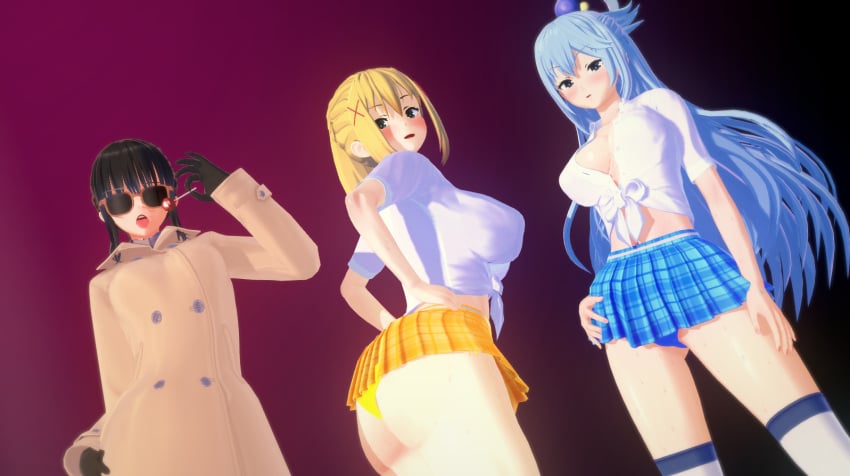 3d 3girls aqua_(konosuba) ass big_ass big_breasts bikini black_hair blonde_hair blue_eyes blue_hair breast_size_difference breasts coat darkness_(konosuba) dat_ass female female_only huge_ass huge_breasts kasumishikiyama koikatsu kono_subarashii_sekai_ni_shukufuku_wo! large_breasts light-skinned_female light_skin long_hair multiple_girls recreation school_uniform small_breasts sunglasses tinted_eyewear