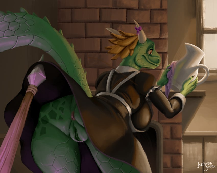 2023 2_horns anthro anus argonian ass basdl2003 bethesda_softworks big_breasts big_butt black_clothing black_dress breasts butt_focus claws clothed clothing digital_media_(artwork) digital_painting_(artwork) dress exposed female genitals green_body green_pussy hi_res horn humanoid_hands lifts-her-tail lusty_argonian_maid maid_uniform markings melee_weapon offscreen_character orange_sclera polearm pussy rear_view scale_markings scales scalie smile solo spear tail the_elder_scrolls uniform weapon