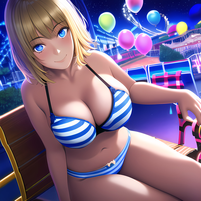 ai_generated amusement_park ashley_graham ashley_graham_(ella_freya) balloon bench big_breasts blonde_hair blue_eyes bra capcom curvaceous curvy curvy_body curvy_female curvy_figure medium_hair night novelai resident_evil resident_evil_4 sitting smile smiling smiling_at_viewer striped_bra