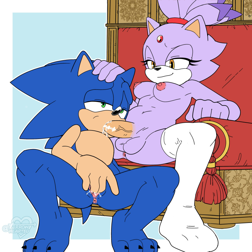 anthro anthro_on_anthro anthro_only anus arrow_hearted arrowhearted artist_logo barefoot blaze_the_cat blowjob blue_body blue_fur breasts cum cum_in_mouth cuntboy digital_media_(artwork) dominant_futanari fingering fingering_pussy flat_colors furry furry_only futa_on_cuntboy futanari green_eyes half-closed_eyes hand_on_head intersex looking_at_another looking_at_partner looking_up masturbating_during_fellatio masturbation mobian_(species) oral oral_sex public public_masturbation public_sex purple-skinned_futanari purple_fur pussy sega sitting sitting_on_throne socks_only sonic_(series) sonic_the_hedgehog sonic_the_hedgehog_(comics) sonic_the_hedgehog_(series) spread_legs tan_skin thighhighs throne watermark white_thighhighs yellow_eyes