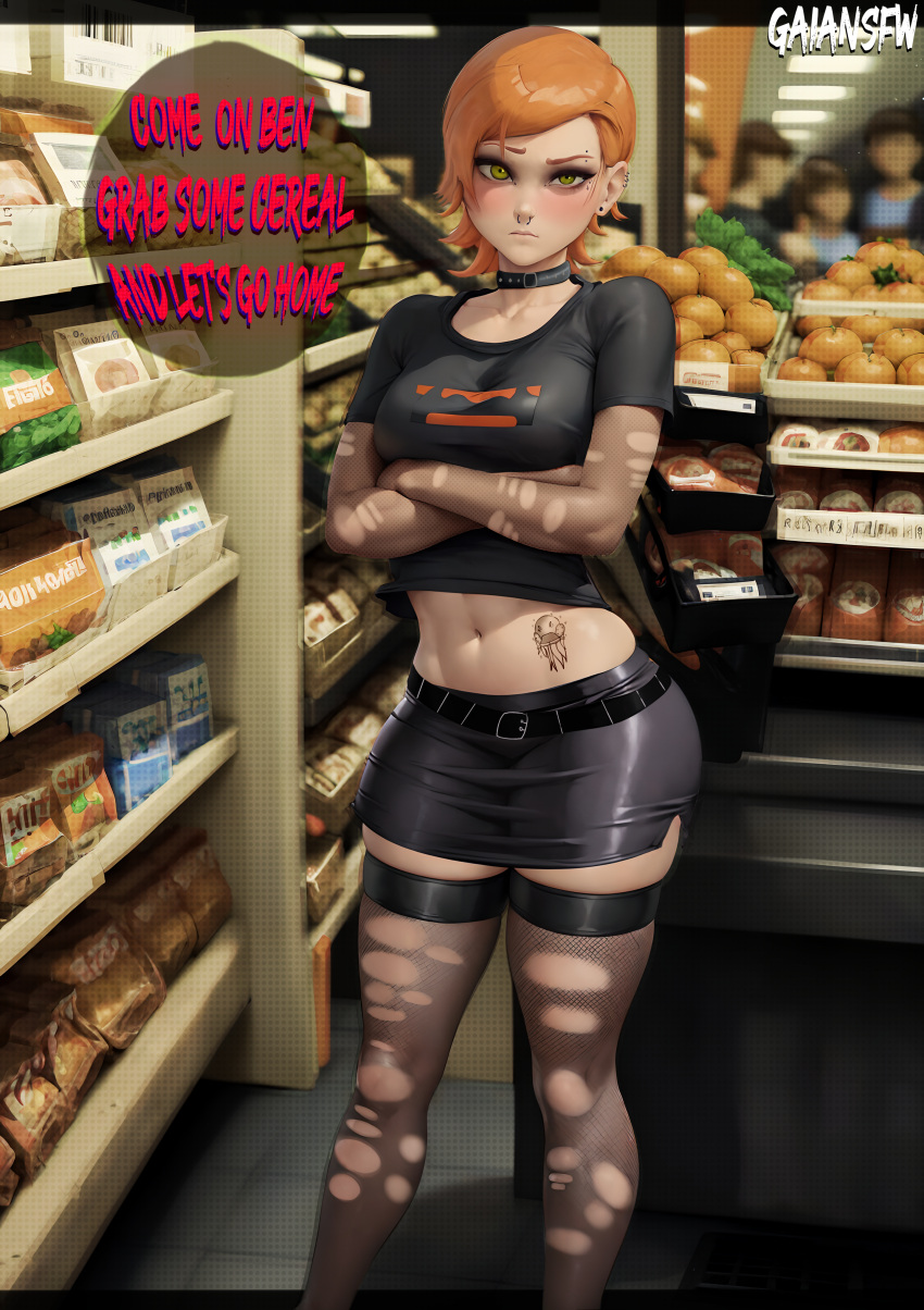 1girls ai_generated ben_10 big_ass big_thighs dialogue english_text female female_only gaiansfw goth goth_girl green_eyes gwen_tennyson looking_at_viewer medium_breasts navel orange_hair septum_piercing solo stable_diffusion text