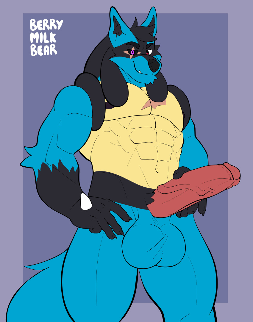 abs absurd_res anthro balls berrymilkbear big_balls big_penis black_body black_fur blue_body blue_fur eye_scar facial_scar flat_colors fur generation_4_pokemon genitals hand_on_hip hand_on_penis heterochromia hi_res humanoid_genitalia looking_at_viewer lucario male muscular muscular_male nagisalucario nintendo pecs penis pokemon pokemon_(species) presenting presenting_penis purple_eyes red_eyes scar simple_background smile smirk solo tan_body tan_fur touching_penis vein veiny_penis