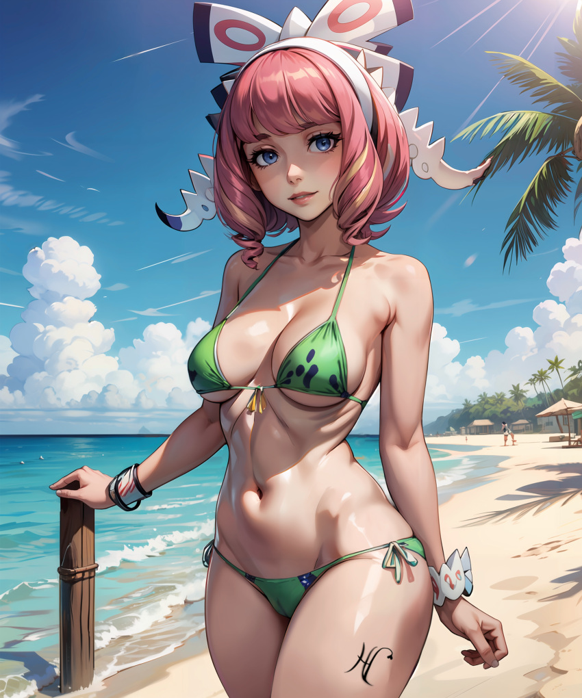 ai_generated beach bikini blue_eyes headletzer klara_(pokemon) medium_breasts pink_hair pokemon swimsuit