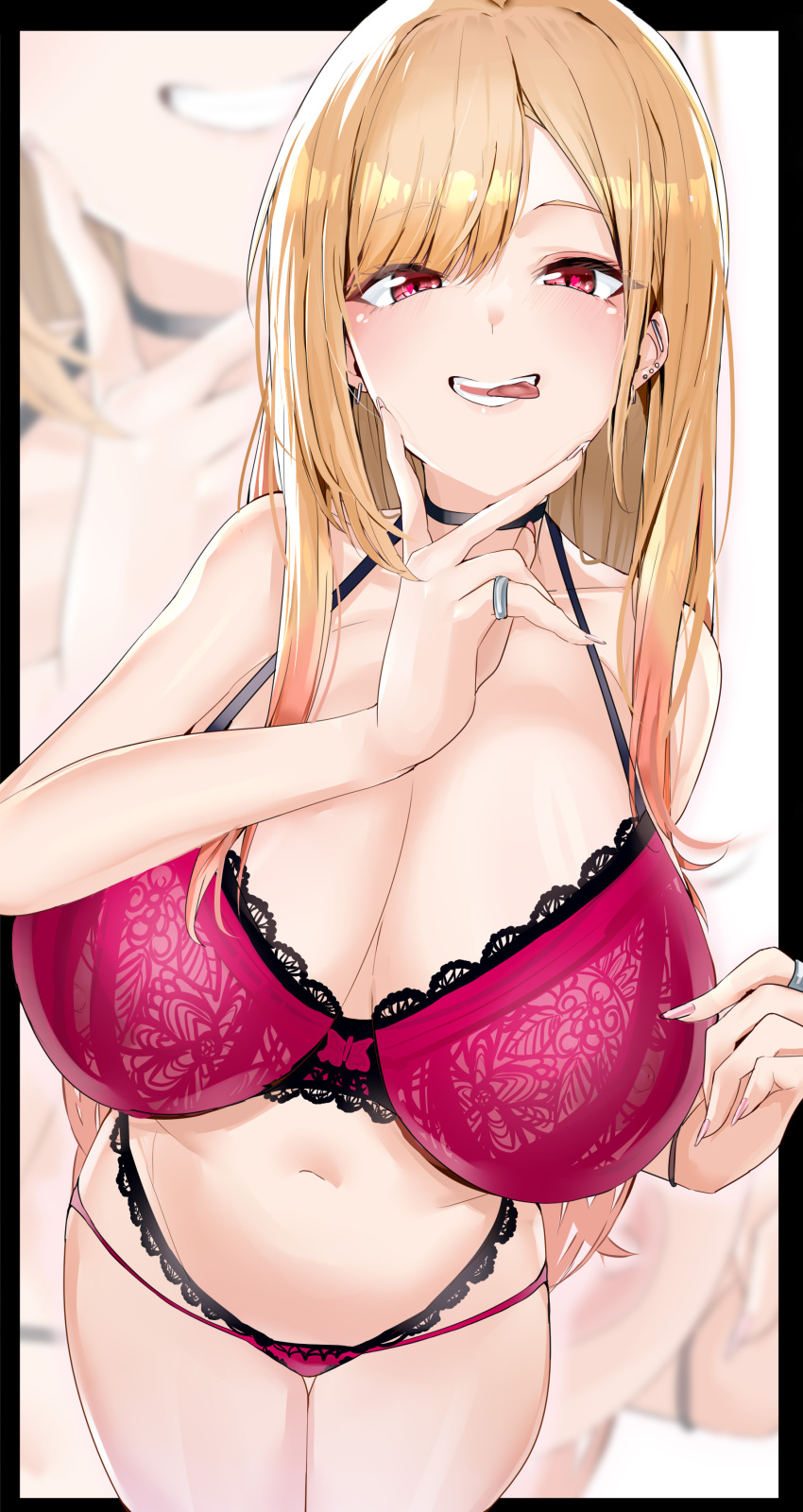 1girls blonde_hair bra breasts female gyaru hips huge_breasts kitagawa_marin light-skinned_female light_skin long_hair maruyaa_(malya1006) naughty_face panties red_eyes smile sono_bisque_doll_wa_koi_wo_suru thick_thighs thighs wide_hips