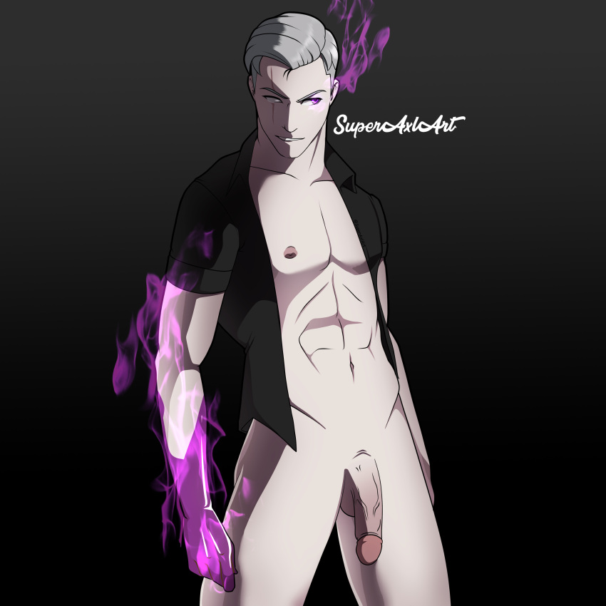 1boy 2022 black_background bottomless flaccid fortnite fortnite:_battle_royale gradient_background grey_hair male male_focus male_only midas_(fortnite) missing_eye no_underwear open_shirt pale_skin penis posing purple_eyes purple_hands purple_skin shadow_midas_(fortnite) smile smirk smoke solo superaxlart undercut