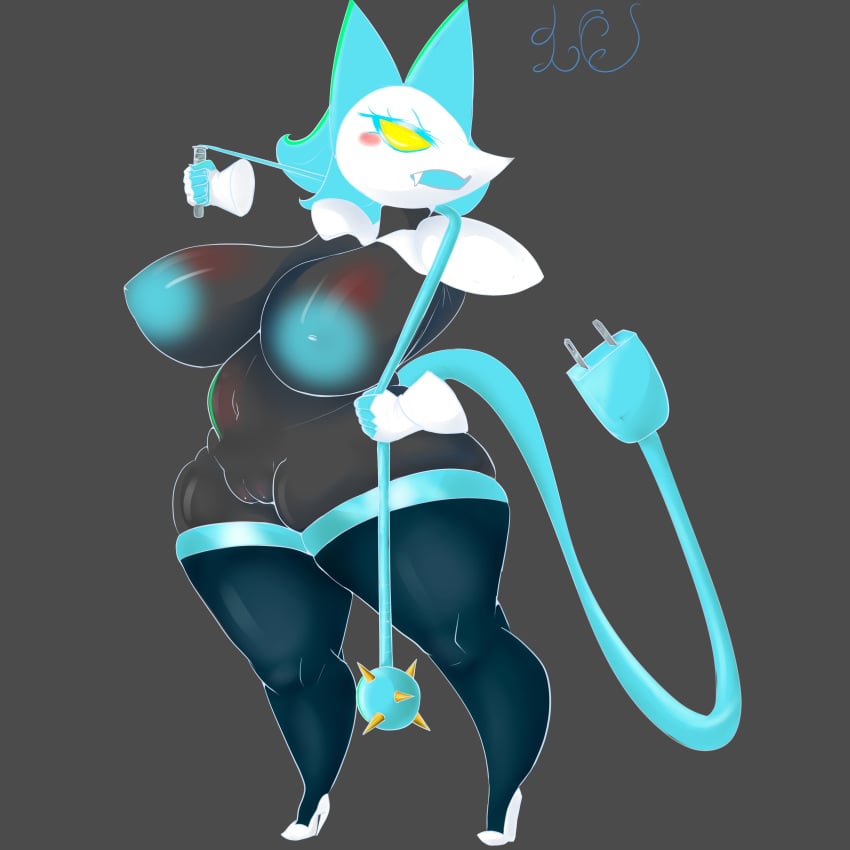 2023 absurd_res big_breasts black_body blue_nipples blush breasts clothing cute_fangs deltarune felid feline_ears female flail floating_hands footwear genitals grey_background hi_res high_heels holding_object holding_weapon huge_breasts humanoid legwear looking_aside machine mammal melee_weapon nipples open_mouth pussy renv robot signature simple_background solo task_manager tasque_manager_(deltarune) thick_thighs thigh_highs undertale_(series) weapon wide_hips yellow_eyes