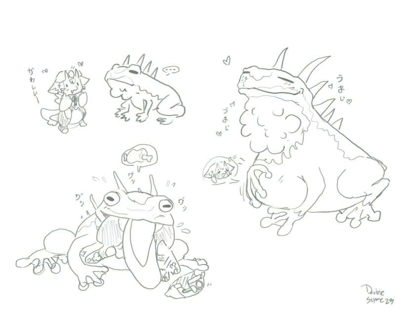 amphibian anthro anthro_on_feral armor chibi digital_media_(artwork) double_slime dragon duo feral frog headgear helmet hi_res japanese_text jellybean_(double_slime) larger_feral male male/male oral_vore salamander size_difference sketch_page smile soft_vore stomach_bulge text valley_croaker(made_in_abyss) vore zoophilia