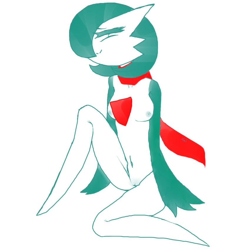 2023 3_fingers breasts featureless_feet female fingers flat_colors gardevoir generation_3_pokemon genitals green_hair green_nipples hair hair_over_eye hi_res humanoid looking_at_viewer midori_(mielsen) mostly_nude navel nintendo nipples not_furry nude one_eye_obstructed pokemon pokemon_(species) pussy red_eyes renv scarf scarf_only simple_background sitting small_breasts smile smug solo white_background