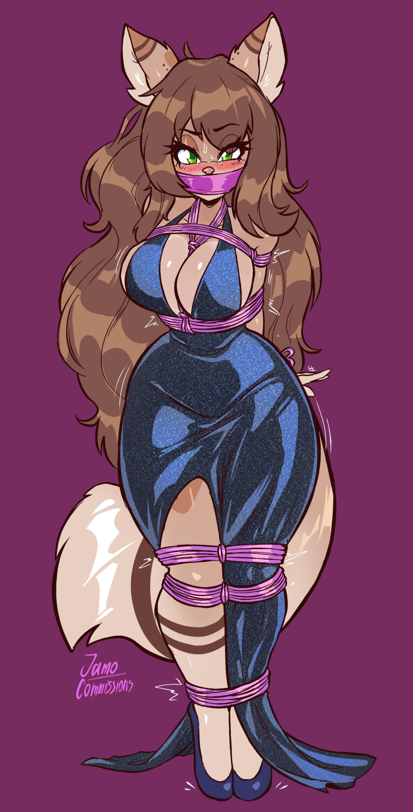 anthro blue_dress blush bondage breasts cleavage clothing female furry green_eyes heels jamoart long_hair solo tail thick_thighs tied_up