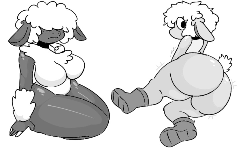 2girls big_ass big_breasts big_butt big_thighs black_body erick1778 lamb oc original_character original_characters sheep sheep_girl white_background white_body