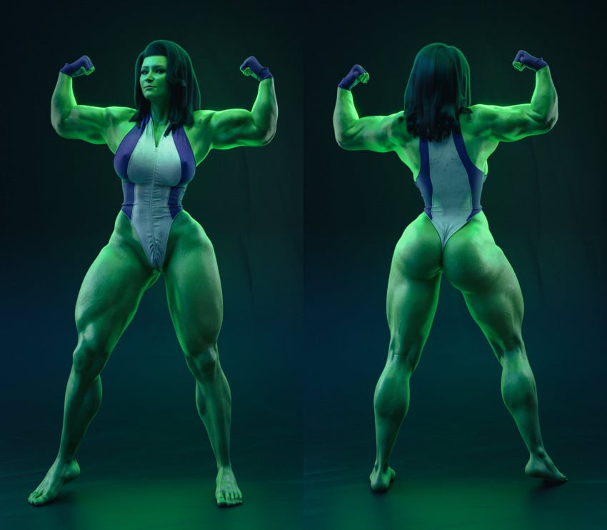 1girls 3d 3d_(artwork) actress ass barefoot big_ass big_breasts cameltoe celebrity clothed creamtau curvaceous curvy curvy_figure feet female female_only fingerless_gloves flexing_bicep flexing_both_biceps gloves green-skinned_female green_body green_hair green_skin hips huge_breasts hulk_(series) large_breasts legs leotard marvel marvel_cinematic_universe marvel_comics multiple_angles muscles muscular muscular_female muscular_thighs she-hulk she-hulk:_attorney_at_law simple_background solo superhero superheroine tatiana_maslany thick_legs thick_thighs thighs thong_leotard toes