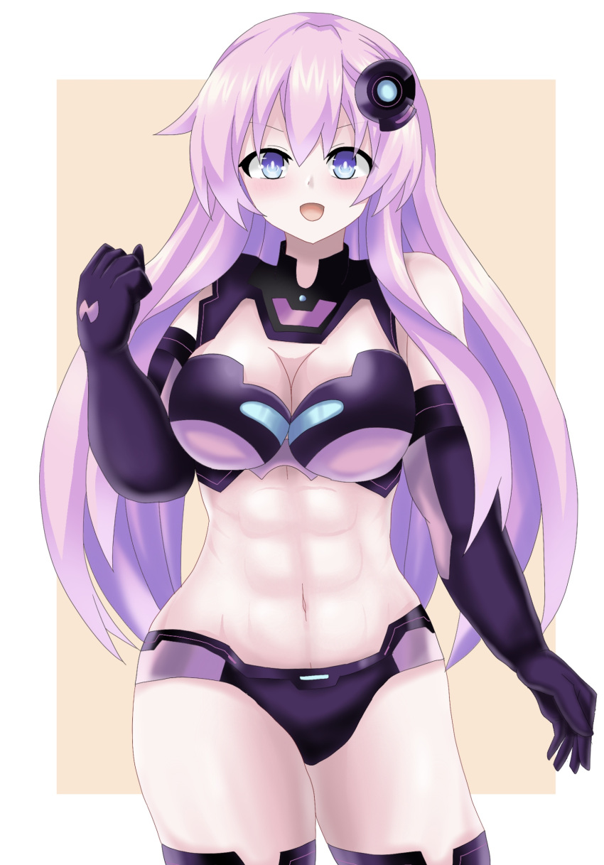 abs arm_up armor bare_shoulders blue_eyes blush breasts cleavage compile_heart elbow_gloves female female_only fist front_view fully_clothed goddess hair_ornament happy idea_factory light-skinned_female long_hair looking_at_viewer matrixjudge nepgear neptunia_(series) panties pink_hair purple_sister revealing_clothes skimpy_armor solo straight_hair