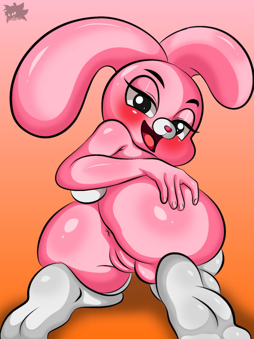 aged_up anais_watterson anthro anus ass bedroom_eyes black_eyes cartoon_network clothed clothing female fur genitals hand_on_butt hi_res lagomorph legwear leporid looking_at_viewer looking_back looking_back_at_viewer mammal narrowed_eyes open_mouth partially_clothed pink_body pink_fur pussy rabbit rabbit_ears scut_tail seductive short_tail sirjzau solo stockings tail the_amazing_world_of_gumball tongue