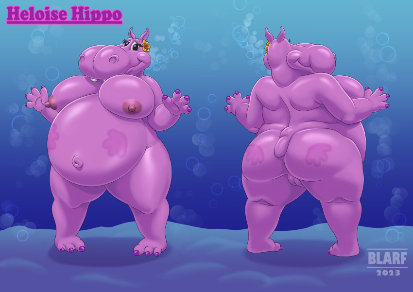 absurd_res accessory anthro ass belly big_belly big_breasts big_butt black_eyes blarf breasts bubble buckteeth butt_slap common_hippopotamus female flower flower_in_hair front_view genitals hair hair_accessory hand_mark heloise_hippo hi_res hippopotamid huge_belly humanoid jumpstart_games looking_at_viewer mammal model_sheet navel nipples overweight overweight_female pink_body plant pussy raised_hand rear_view side_boob slap slapping_own_butt slapping_self smile smiling_at_viewer solo tail teeth thick_thighs underwater water wide_hips