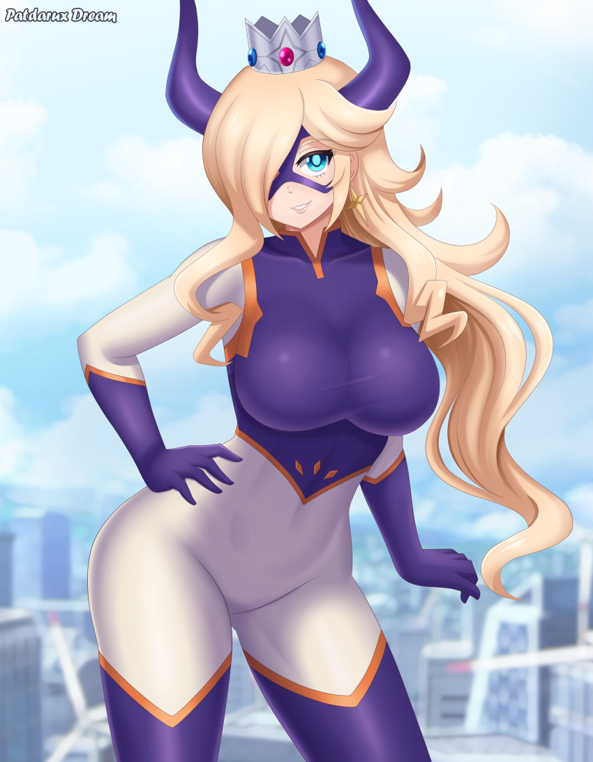 1girls blonde_hair blue_eyes breasts crossover female female_only light-skinned_female light_skin looking_at_viewer mario_(series) mount_lady_(cosplay) my_hero_academia nintendo patdarux princess_rosalina skin_tight smile solo super_mario_galaxy wide_hips