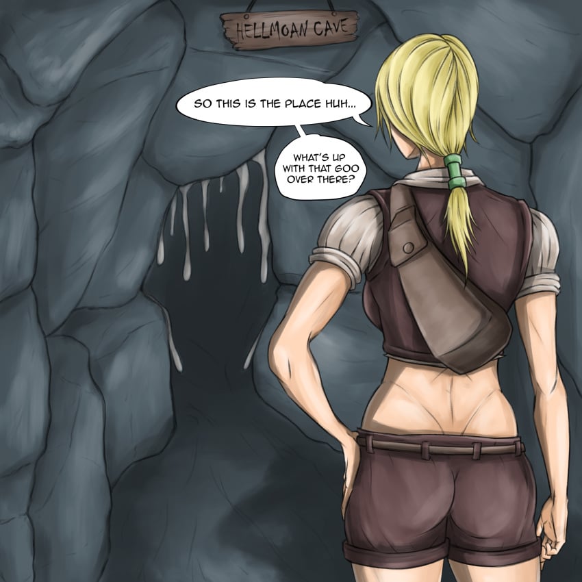 1girls blonde_hair cave english_text muscular muscular_female oregel text