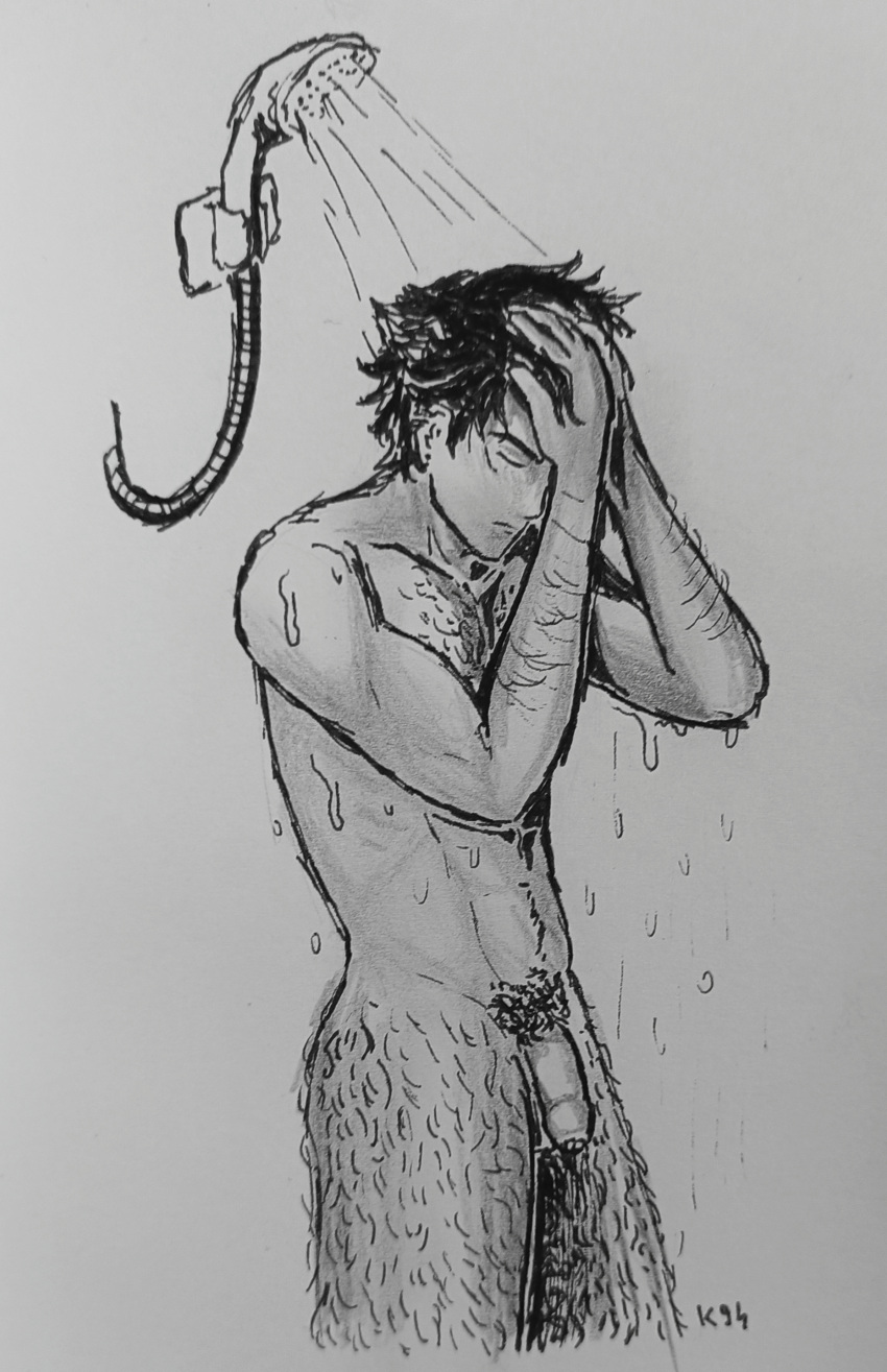 biceps black_and_white black_hair chest_hair genshin_impact hairy_arms hairy_legs hairy_male kae94 male_only muscular muscular_male naked penis pubic_hair shower showering thick_penis traditional_media_(artwork) wet wriothesley_(genshin_impact)