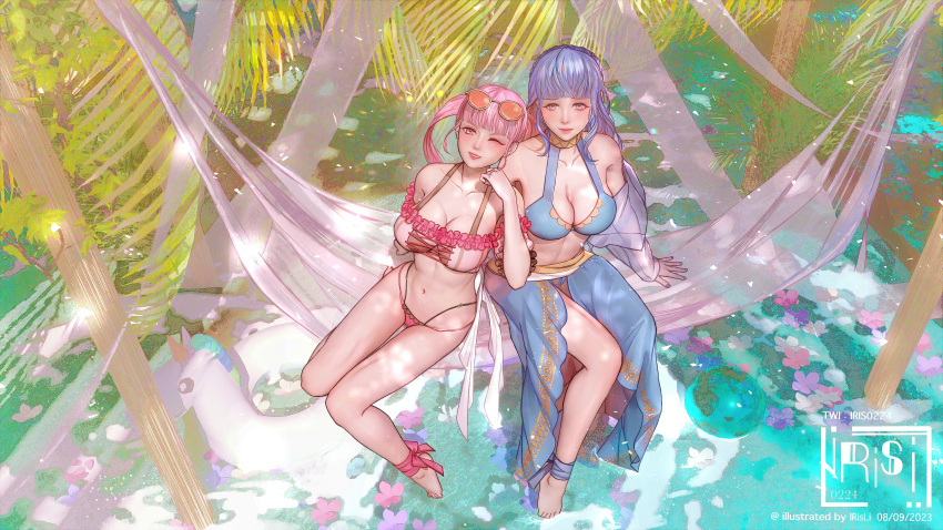 2023 2girls absurdres alternate_costume alternate_hairstyle alternate_version_available anklet artist_name barefoot bikini blue_bikini blue_hair breasts brown_eyes cleavage detailed_background eyewear_on_head female female_only fire_emblem fire_emblem:_three_houses fire_emblem_heroes fire_emblem_warriors:_three_hopes hammock highres hilda_valentine_goneril hilda_valentine_goneril_(summer) innertube irisl jewelry large_breasts leaning_on_person light-skinned_female light_skin looking_at_viewer marianne_von_edmund marianne_von_edmund_(summer) multiple_girls nintendo official_alternate_costume official_alternate_hairstyle one_eye_closed palm_tree pink_bikini pink_eyes pink_hair sitting smile sunglasses sunglasses_on_head swimsuit twintails watermark wink