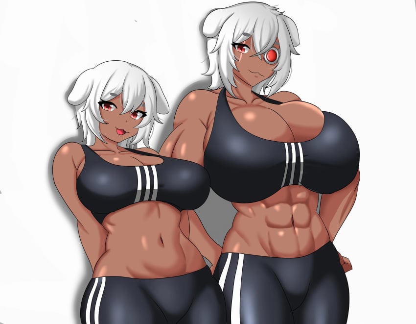 2girls 3huntle0 big_breasts bionic_eye breasts closed_mouth dark-skinned_female dark_skin dog_ears dog_girl gym_clothes gym_uniform high_resolution huge_breasts looking_at_viewer medium_breasts medium_support_(meme) miki_miki multiple_girls muscular muscular_female oc open_mouth original original_character red_eyes rule_63 scar scar_across_eye sm smile spanish sports_bra tongue virtual_youtuber vtuber white_hair