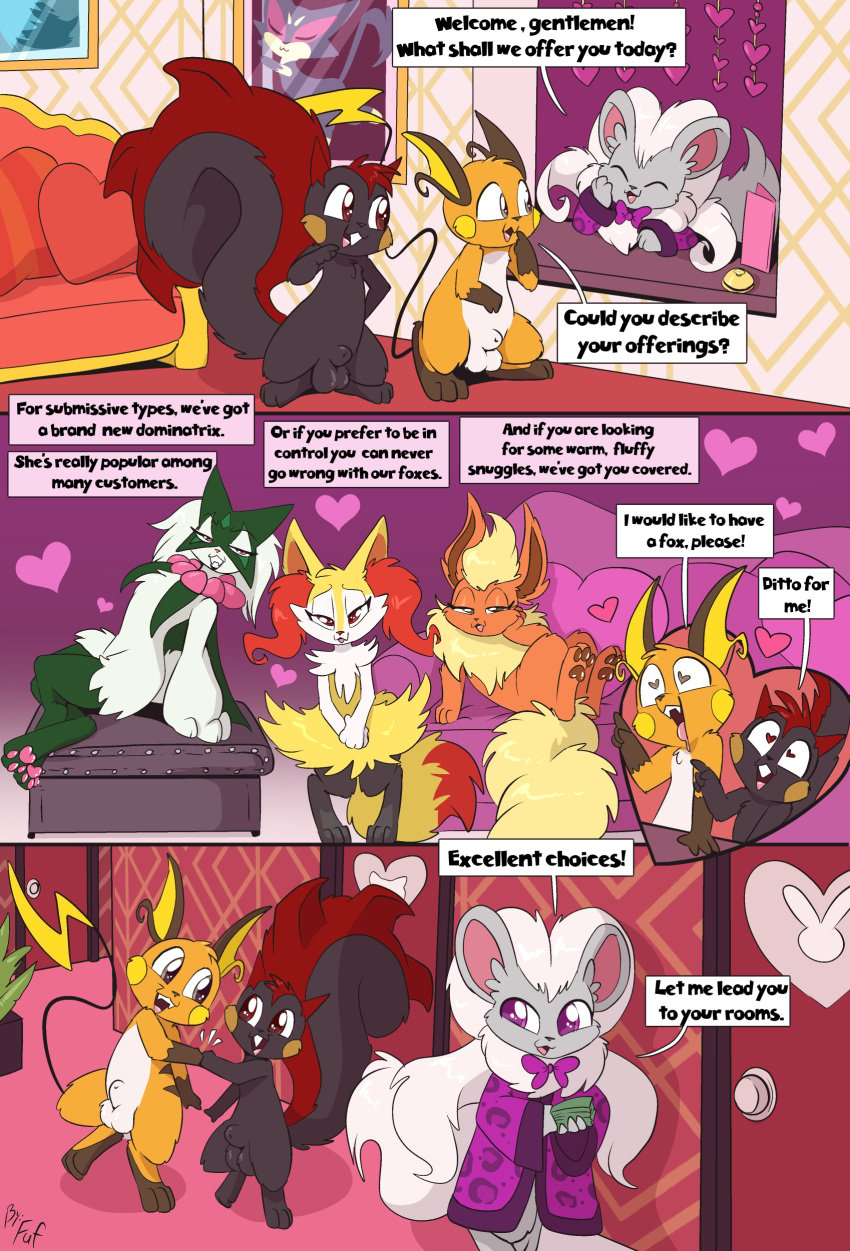 <3_eyes 2023 absurd_res animal_genitalia anthro balls bedroom_eyes big_tail biped black_body black_markings black_nose bodily_fluids braixen buckteeth casual_nudity closed_eyes comic countershade_face countershade_torso countershading cutaway dialogue digitigrade drooling eeveelution english_text eyebrows female feral fist_bump flareon fluffy fluffy_tail fuf generation_1_pokemon generation_4_pokemon generation_6_pokemon generation_9_pokemon genitals gesture gloves_(marking) grey_body grin group hair heart hi_res inside leg_markings long_hair looking_at_another looking_at_viewer lounging male male/female markings meowscarada multicolored_body narrowed_eyes neck_tuft nintendo open_mouth orange_body pachirisu pokemon pokemon_(species) pokemon_sv pose quadruped raichu red_hair rosy_cheeks saliva seductive sheath short_hair sitting smile socks_(marking) species_request speech_bubble spiked_tail spikes spikes_(anatomy) standing tack_(petokikka) tail teeth text tongue trio tuft two_tone_body white_body white_hair yellow_body