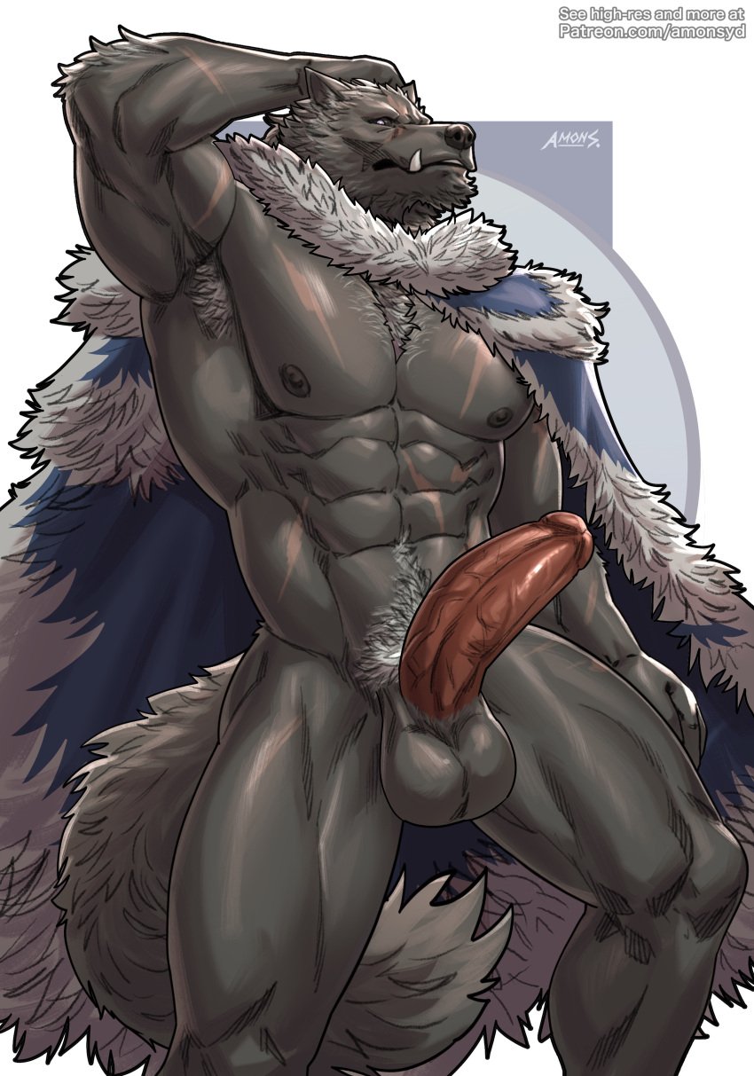 2023 abs absurd_res amon-sydonai anthro armpit_hair balls biceps big_muscles black_nipples black_sclera blaidd_(elden_ring) body_hair canid canine canis chest_tuft cloak clothed clothing elden_ring erection fromsoftware fur genitals grey_body grey_fur hi_res humanoid_genitalia humanoid_penis male male_only mammal muscular muscular_anthro muscular_male nipples penis pubes purple_eyes scar scars_all_over solo tuft wolf