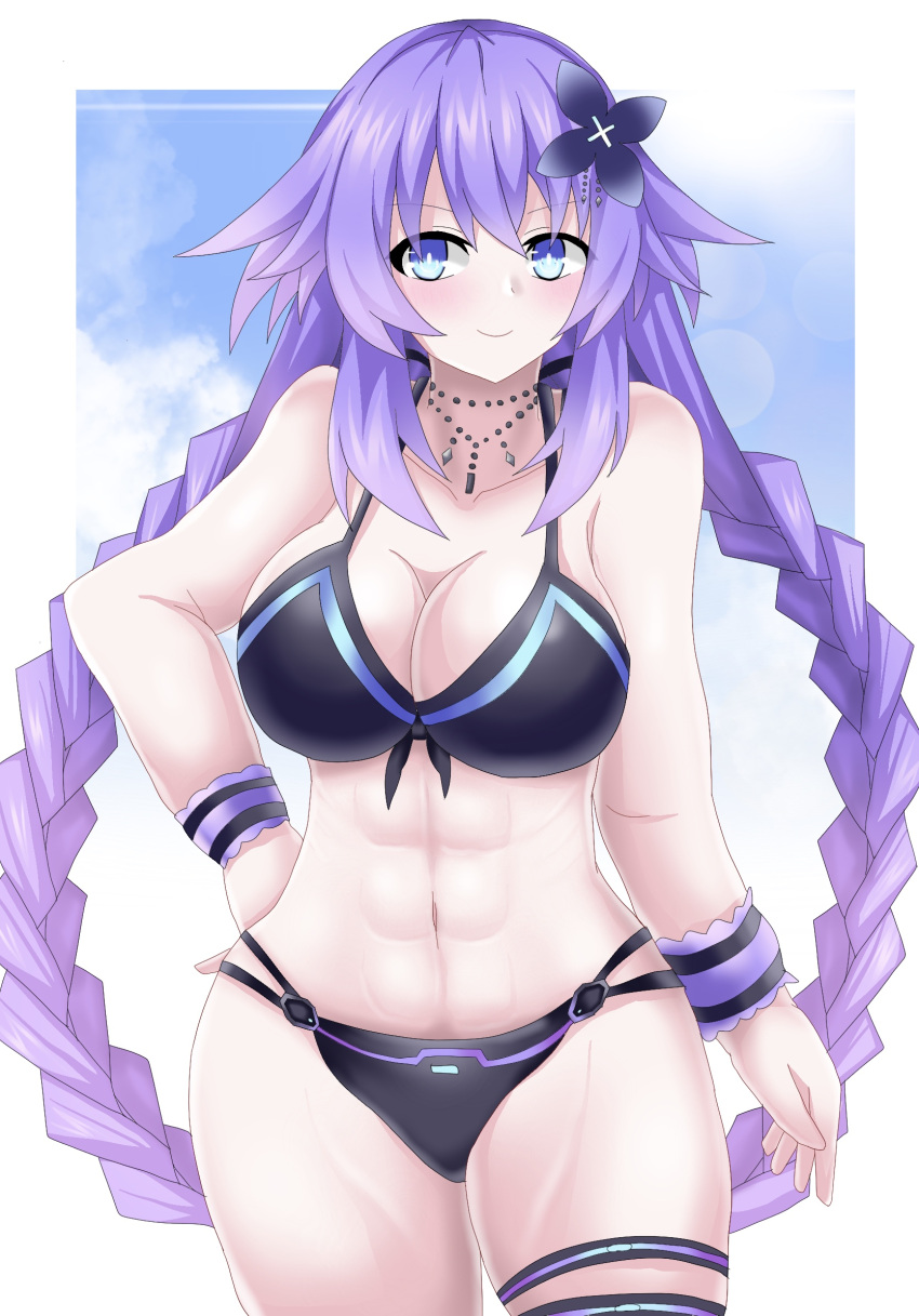 abs bikini blue_eyes blush breasts cleavage flower_in_hair front_view goddess hand_on_hip light-skinned_female long_hair looking_away matrixjudge neptune_(neptunia) neptunia_(series) purple_hair purple_heart_(neptunia) smile solo thick_thighs thigh_strap twin_braids